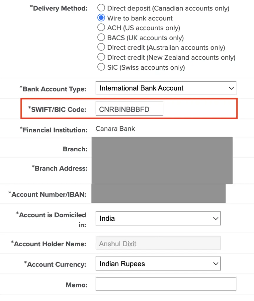 adding bank account to shareworks for receiving funds